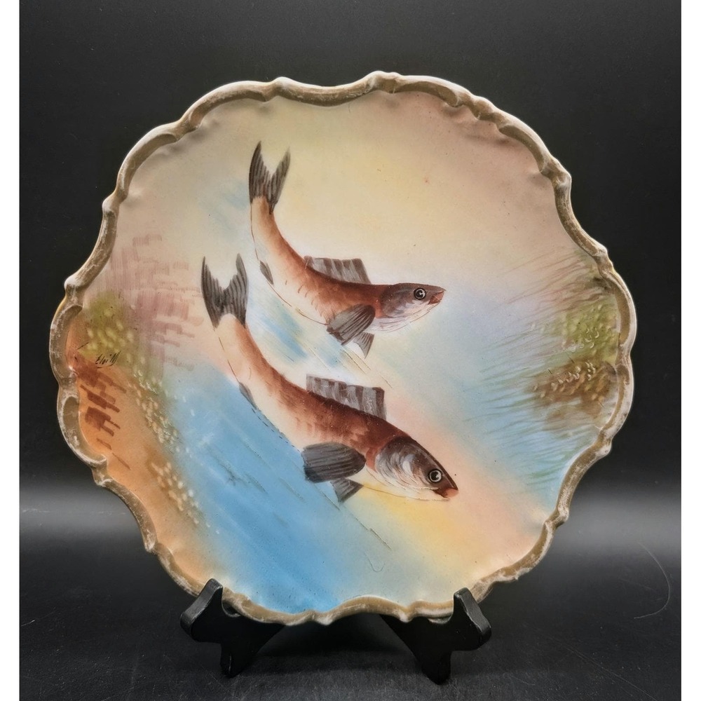 Antique‎ Eloi M Signed Hand Painted Limoges Fish Porcelain Plate Scalloped 10"